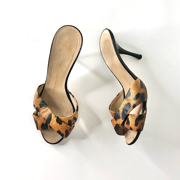 Giuseppe Zanotti Shoes - Giuseppe Zanotti Retro Vintage Animal Print Slip On Heeled Mules Sandals 36